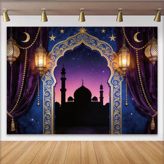 Lofaris Ornate Golden Arch Ramadan Holiday Backdrop with Purple Velvet Curtains and Lanterns, Starry Night Mosque Background for Eid Party