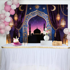 Lofaris Purple Gold Moorish Archway Photography Backdrop with Lanterns, Starry Night Mosque Background for Studio Portrait