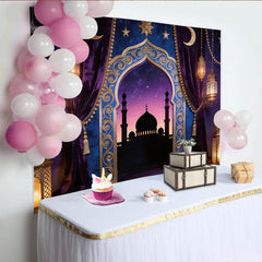 Lofaris Purple Gold Moorish Archway Photography Backdrop with Lanterns, Starry Night Mosque Background for Studio Portrait