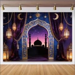 Lofaris Purple Gold Moorish Archway Photography Backdrop with Lanterns, Starry Night Mosque Background for Studio Portrait