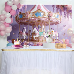 Lofaris Lavender Pink Carousel Photography Backdrop with Horses and Flowers, Dreamy Party Background for Girls Birthday