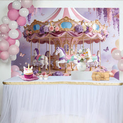 Lofaris Pink and Purple Floral Carousel Birthday Backdrop for Girls, Whimsical Princess Party Photography Background Decor