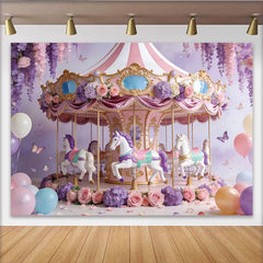 Lofaris Pink and Purple Floral Carousel Birthday Backdrop for Girls, Whimsical Princess Party Photography Background Decor