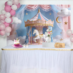Lofaris Pink and Blue Carousel Photography Backdrop with White Horse, Dreamy Studio Background for Baby Shower or Birthday Party.
