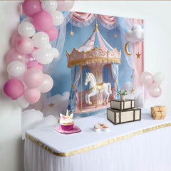 Lofaris Pink and Blue Carousel Photography Backdrop with White Horse, Dreamy Studio Background for Baby Shower or Birthday Party.