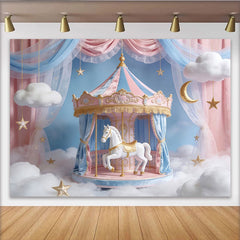 Lofaris Pink and Blue Carousel Photography Backdrop with White Horse, Dreamy Studio Background for Baby Shower or Birthday Party.