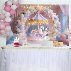 Lofaris Dreamy Pastel Carousel Birthday Backdrop with Balloons and Roses, Magical Party Decor for Girls Photoshoot