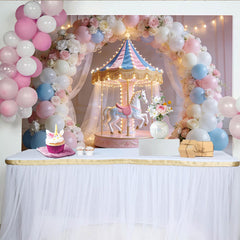 Lofaris Pastel Carousel Birthday Backdrop with Pink and Blue Balloons, Elegant Photo Booth Background for Baby Shower or Kids Party