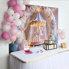Lofaris Pastel Carousel Birthday Backdrop with Pink and Blue Balloons, Elegant Photo Booth Background for Baby Shower or Kids Party