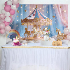 Lofaris Pastel Pink Blue Carousel Unicorn Photography Backdrop, Dreamy Rainbow Cloud Photo Booth Background for Kids Party