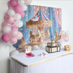 Lofaris Pastel Pink Blue Carousel Unicorn Photography Backdrop, Dreamy Rainbow Cloud Photo Booth Background for Kids Party