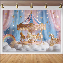 Lofaris Pastel Pink Blue Carousel Unicorn Photography Backdrop, Dreamy Rainbow Cloud Photo Booth Background for Kids Party