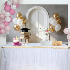 Lofaris Elegant Graduation Backdrop with White Arch Door, Gold and White Balloons, Books, and Cap, Photo Booth Prop for Ceremony Party