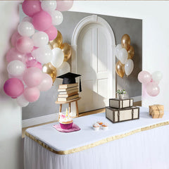 Lofaris Elegant Graduation Backdrop with White Arch Door, Gold and White Balloons, Books, and Cap, Photo Booth Prop for Ceremony Party