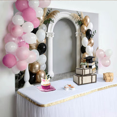 Lofaris Elegant Black and Gold Graduation Backdrop with Arch and Balloons, Stylish Photo Booth Prop for Celebration Party
