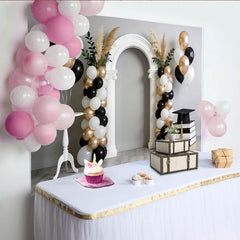 Lofaris Elegant Black White Gold Graduation Backdrop with Arch, Balloons and Cap, Pampas Grass Photo Background for Party Celebration