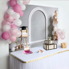 Lofaris White and Rose Gold Graduation Backdrop with Balloons and Cap, Elegant Photo Background for Party Celebration