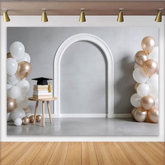 Lofaris White and Rose Gold Graduation Backdrop with Balloons and Cap, Elegant Photo Background for Party Celebration