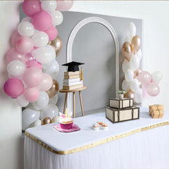Lofaris Elegant White and Rose Gold Graduation Backdrop with Cap and Books, Stylish Photo Booth Prop for Celebration Party Decor