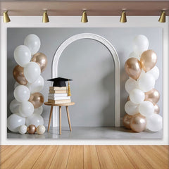 Lofaris Elegant White and Rose Gold Graduation Backdrop with Cap and Books, Stylish Photo Booth Prop for Celebration Party Decor