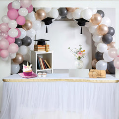 Lofaris Elegant White Grey Rose Gold Balloon Arch Graduation Backdrop with Caps and Books, Stylish Photo Booth for Party Decor