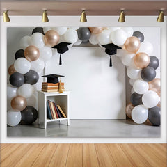 Lofaris Elegant White Grey Rose Gold Balloon Arch Graduation Backdrop with Caps and Books, Stylish Photo Booth for Party Decor