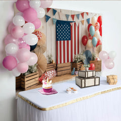 Lofaris Rustic Wooden Wall Independence Day Backdrop, Patriotic American Flag and Red White Blue Balloons for Party Decor