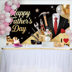 Lofaris Elegant Black and Gold Fathers Day Backdrop with Suit and Tools, Glittery Party Background for Celebration