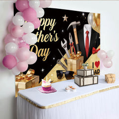 Lofaris Elegant Black and Gold Fathers Day Backdrop with Suit and Tools, Glittery Party Background for Celebration