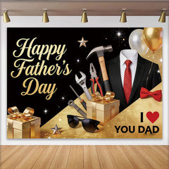 Lofaris Elegant Black and Gold Fathers Day Backdrop with Suit and Tools, Glittery Party Background for Celebration