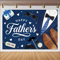 Lofaris Blue Happy Father's Day Backdrop with Suit, Tie, and Gift Box, Elegant Photography Background for Dad's Celebration