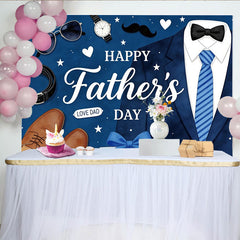 Lofaris Happy Fathers Day Backdrop with Blue Suit, Striped Tie, and Gift Box, Elegant Party Decor for Dad's Celebration and Studio Photography
