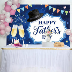 Lofaris Happy Father's Day Backdrop with Blue Night Sky, Fedora Hat and Champagne Flutes, Festive Party Background Decor