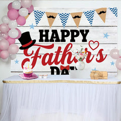 Lofaris White Wood Happy Father's Day Backdrop with Top Hat, Bow Tie, and Mustache Banners, Holiday Photography Background for Party Decor