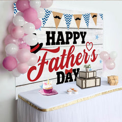 Lofaris White Wood Happy Father's Day Backdrop with Top Hat, Bow Tie, and Mustache Banners, Holiday Photography Background for Party Decor