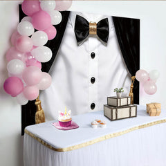Lofaris Elegant Black and White Tuxedo Photography Backdrop with Gold Bow Tie, Luxurious Velvet Stage Background for Formal Portraits