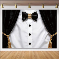 Lofaris Elegant Black and White Tuxedo Photography Backdrop with Gold Bow Tie, Luxurious Velvet Stage Background for Formal Portraits
