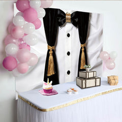 Lofaris Black and White Tuxedo Photography Backdrop with Gold Bow Tie, Elegant Formal Event Photo Booth Background