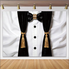 Lofaris Black and White Tuxedo Photography Backdrop with Gold Bow Tie, Elegant Formal Event Photo Booth Background