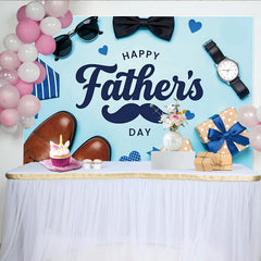 Lofaris Light Blue Fathers Day Backdrop with Mustache and Gifts, Men's Accessories Photo Background for Party Decoration