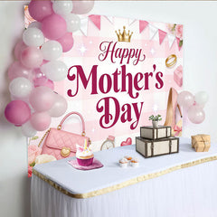 Lofaris Pink Gingham Happy Mother's Day Backdrop with Roses and Golden Crown, Elegant Photography Background for Celebration