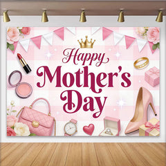 Lofaris Pink Gingham Happy Mother's Day Backdrop with Roses and Golden Crown, Elegant Photography Background for Celebration