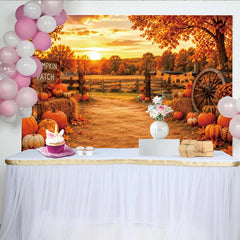 Lofaris Rustic Autumn Pumpkin Patch Backdrop with Sunset and Fall Leaves, Scenic Farm Photography Background for Harvest Festival Decor