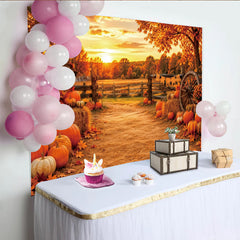 Lofaris Rustic Autumn Pumpkin Patch Backdrop with Sunset and Fall Leaves, Scenic Farm Photography Background for Harvest Festival Decor