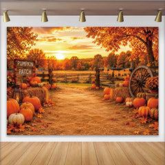 Lofaris Rustic Autumn Pumpkin Patch Backdrop with Sunset and Fall Leaves, Scenic Farm Photography Background for Harvest Festival Decor