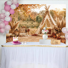 Lofaris Autumn Boho Photography Backdrop with Teepee Tent and Pampas Grass, Rustic Fall Photo Background for Studio Portrait and Seasonal Decor