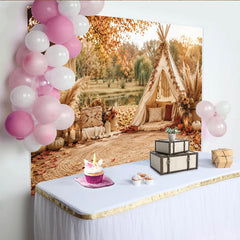 Lofaris Autumn Boho Photography Backdrop with Teepee Tent and Pampas Grass, Rustic Fall Photo Background for Studio Portrait and Seasonal Decor