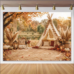 Lofaris Autumn Boho Photography Backdrop with Teepee Tent and Pampas Grass, Rustic Fall Photo Background for Studio Portrait and Seasonal Decor