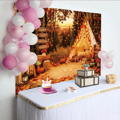 Lofaris Cozy Autumn Camping Photography Backdrop with Teepee Tent, String Lights and Fall Leaves, Warm Forest Sunset for Outdoor Photoshoot