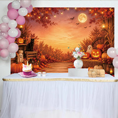 Lofaris Rustic Halloween Backdrop with Jack-o'-lanterns, Ghosts, and Black Cat, Autumn Fall Leaves Photography Background for Party Decor